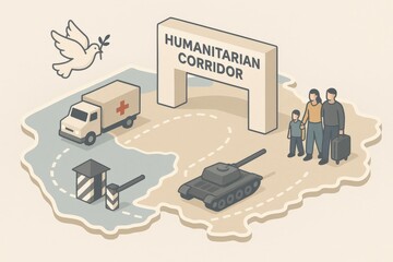 Humanitarian corridor symbolizing hope and resilience featuring a family with a suitcase an ambulance and a tank set against a backdrop of peace and conflict resolution