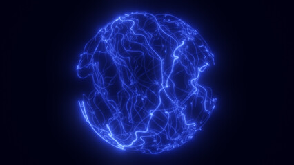 Abstract glowing electric blue sphere with tangled flowing energy lines