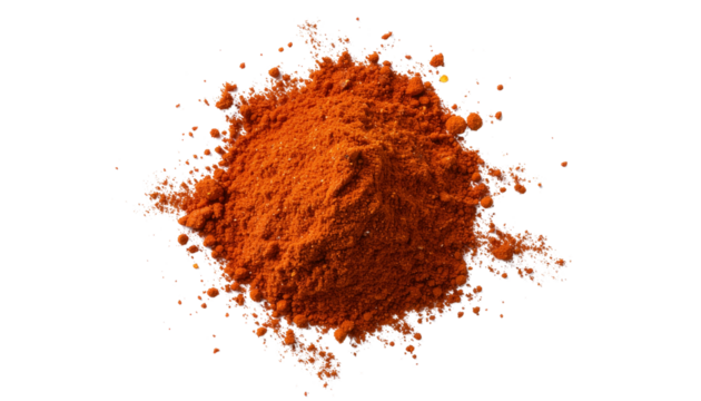 A pile of red paprika chili powder on white, clipping, png spicy masala or spice