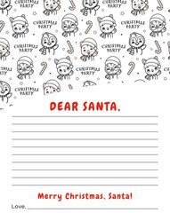 Cute Santa Claus letter template with cute kawaii animals, Christmas vector fun coloring page