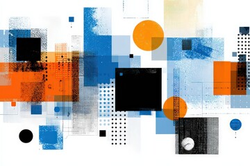 Abstract Geometric Composition With Squares Circles And Lines In Orange Blue And Black Against White Background