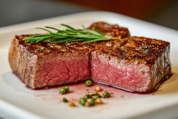 A beautifully grilled steak, served on a white plate with a side of saut&eacute;ed peas and a sprig of rosemary.