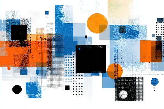 Abstract Geometric Composition With Squares Circles And Lines In Orange Blue And Black Against White Background