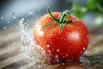A vibrant red tomato with green leaves and water droplets on its surface, set against a wooden background.