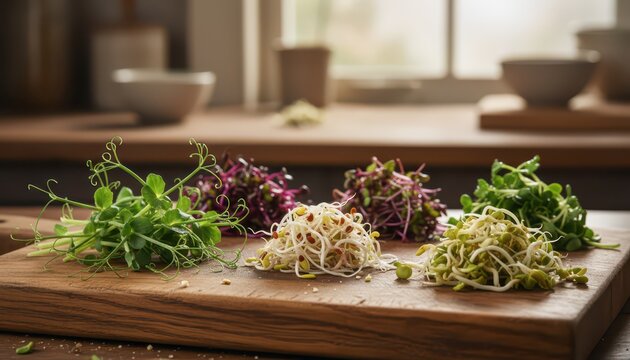 Various fresh and healthy sprouts and microgreens, including green, red, and white varieties, neatly arranged on a wooden cutting board in a kitchen setting.