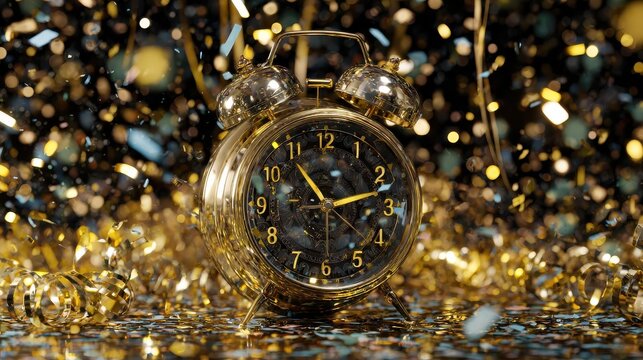 celebratory clock with sparkling lights vibrant alarm clock amidst sparkling celebration decor dynamic display of alarm clock surrounded by sparkling confetti and golden lights for celebrations