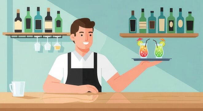 Smiling service worker presents two colorful tropical beverages on a serving tray behind a counter
