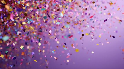 a vibrant display of colorful confetti raining down against a soft focus purple background creating a festive and celebratory mood perfect for any joyful occasion
