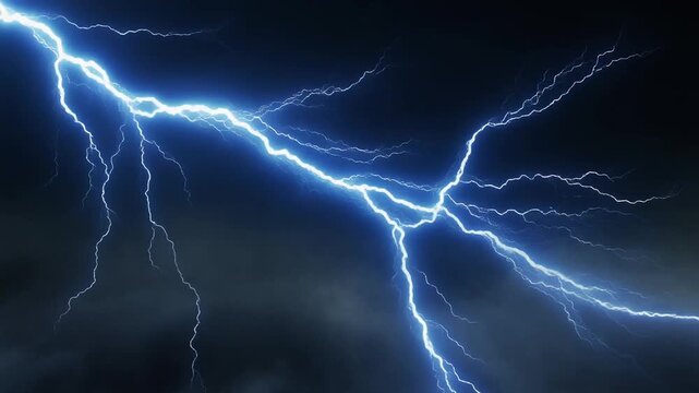 Realistic lightning bolt striking from storm clouds with bright lens flare