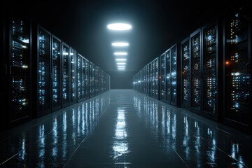 Data Center Server Room Interior with Illuminated Servers in a Dark Environment