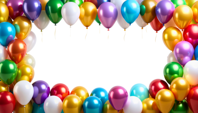 Frame with colorful balloons, copy space, text space, isolated on a white transparent background PNG