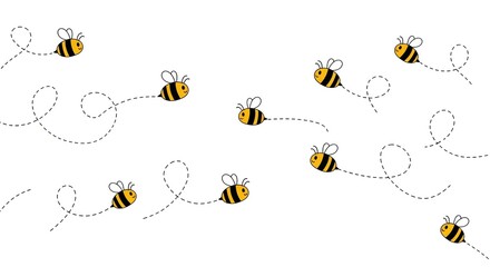Sweet honeybees buzzing along dotted flight paths, perfect for spring designs, nature projects, or children's illustrations with a lighthearted feel