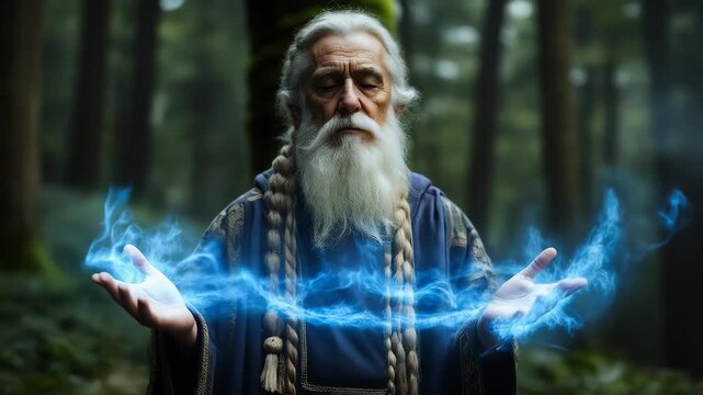 An old shaman performing a light ritual in the forest. Spiritual connection with nature concept.