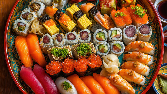 Japanese sushi platter with nigiri and maki sushi, exquisite arrangement for food photography and catering promotion