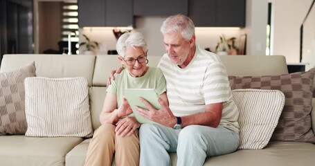 Old couple, scroll and tablet on sofa for social media, streaming or subscription in living room. Elderly man, woman or senior people in house together for retirement, bonding and love with tech - Powered by Adobe
