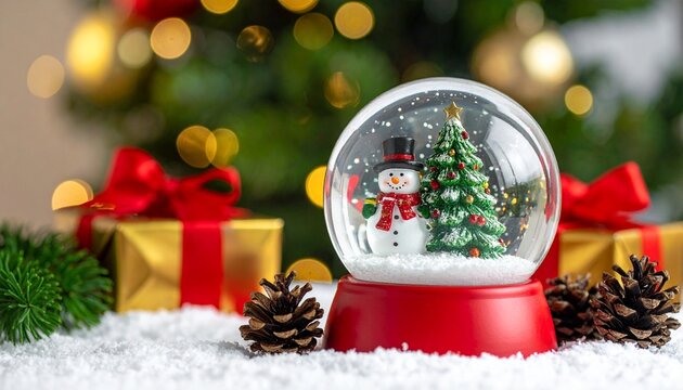 Snow globe with snowman and tree on red base surrounded by pinecones and gifts - Powered by Adobe