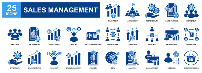 Sales Management icon set collection. Containing design Sales Agent, Achievement, Sales Planning, Sales Report, Target Profit 