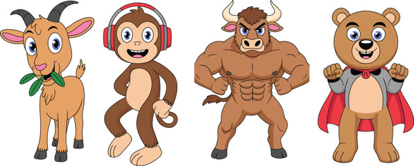 Funny cartoon animals collection, cool goat, monkey with headphones, strong muscular bull, superhero bear, vector mascot design, kids illustration art