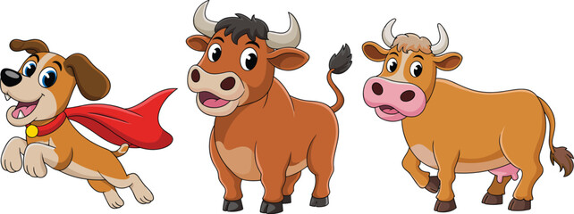 Cute cartoon superhero dog bull and cow characters, funny farm animal vector illustration for kids story and learning design