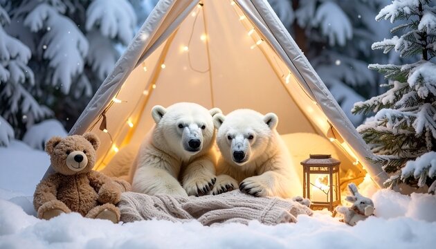 Two polar bears in lit tent with plush toys in snowy forest - Powered by Adobe