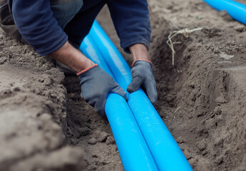 Worker&rsquo;s Hands Laying Blue Water Pipes in Trench with Black Soil During Installation