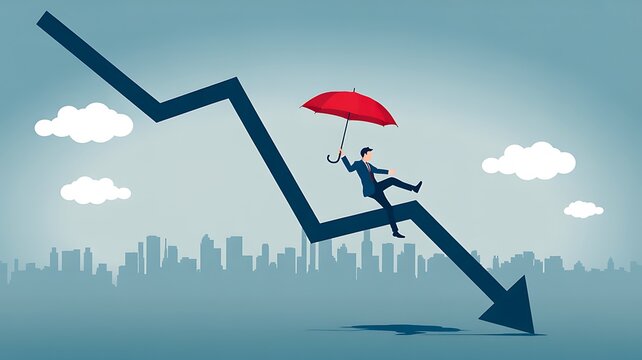Businessman Riding Downward Arrow with Umbrella