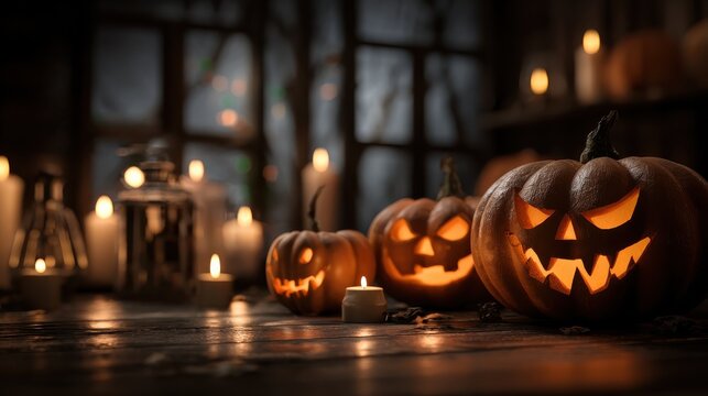 spooky halloween night with carved pumpkins and candles in a dark room