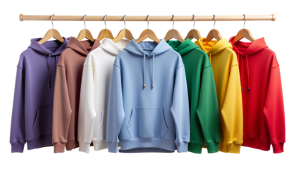Row of colorful hoodies on hangers, perfect for casual wear on transparent background, winter collection