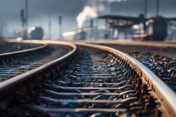 Curved Railroad Tracks with Ballast Stones Leading to Foggy Station Platform with Train Carriages under Soft Sunlight near Dawn