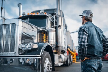 Man looks at a large shiny truck The truck is black and silver and has a long trailer attached The man wears a plaid shirt and jeans