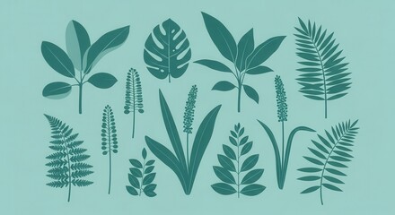 Assortment of stylized botanical elements rendered in deep teal against a pale cyan background