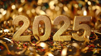 golden ribbons and 2025 text with festive bokeh lights for new year celebration