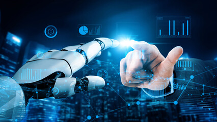 A captivating scene depicting the interaction between a human hand and a robotic hand, showcasing digital data visualizations and the fusion of technology and humanity in the modern world. Xenic