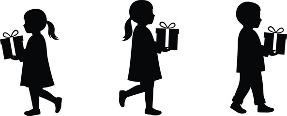 Silhouette children walking and carrying gift boxes in festive holiday scene, kids holding presents, black isolated illustration for celebration, Christmas giving concept artwork