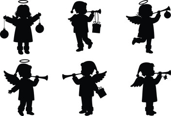 Silhouette Christmas angel children playing trumpets and holding festive ornaments, cute holiday angel figures isolated on white background for Christmas decoration and seasonal design © Hey there