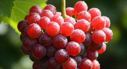Fresh red grapes with water droplets glistening in the sunlight on the vine