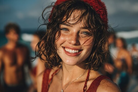 Bright, joyful expression captures summer vibes with friends at