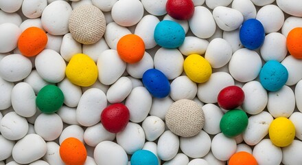 Fototapeta premium Colorful painted stones scattered among smooth white pebbles create vibrant design