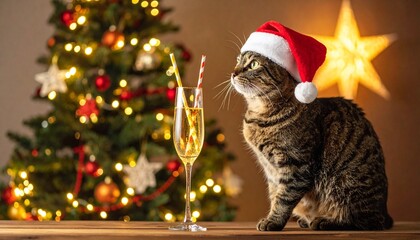 Tabby cat in Santa hat beside champagne glass with Christmas tree and star in background