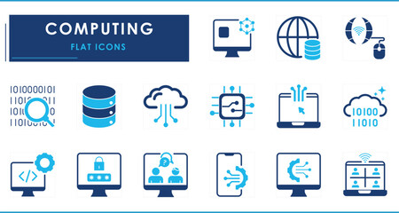 A set of flat icons related to Computing. Data, cloud, security, networking, laptop, password, digital, conversation, smartphone, multimedia, and so on.