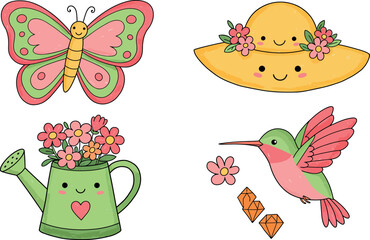Collection of four charming hand drawn spring and summer illustrations featuring a butterfly a sun hat a watering can with flowers and a hummingbird