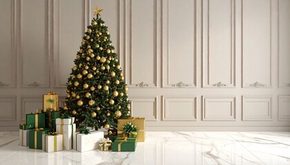 Luxurious Christmas tree with gold ornaments and gifts on marble floor in elegant room