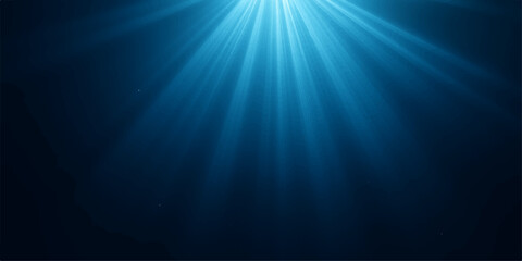 Abstract blue sun rays burst on a dark water backdrop, creating a bright glow and motion