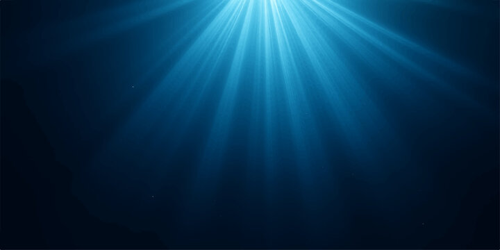 Abstract blue sun rays burst on a dark water backdrop, creating a bright glow and motion