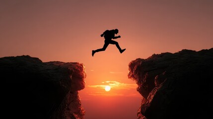 silhouette of a determined person leaping across a chasm from the year 2025 to the year 2026 at sunset symbolizing a bold transition and future achievement