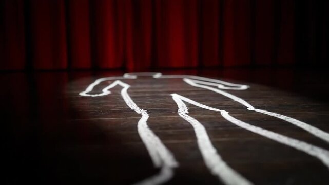 A chalk outline of a human body on a dark stage floor with red curtains in the background, illuminated by a spotlight.