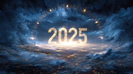 happy new year 2025 countdown clock on abstract glittering midnight sky with copy space festive party invitation card concept for new years eve