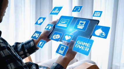 Gaming icons show online gaming, game streaming, and interactive play. Gaming supports esports, game community, and digital gaming experience. Gist