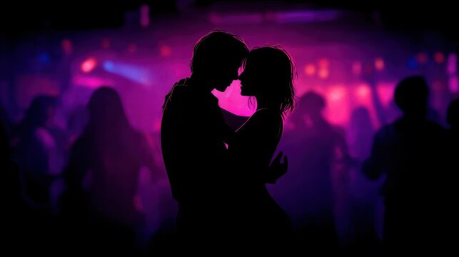 silhouetted couple embracing closely in a dimly lit nightclub with colorful purple and pink lights and other dancing people in the background creating an intimate and romantic atmosphere