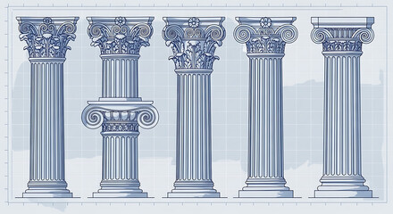 A comprehensive set of classical architectural columns showcasing diverse historical orders in a detailed blueprint drawing style illustration